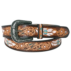 Cinturón de cuero vacuno occidental con diseño floral pintado, hebilla de pin, estilo casual, duradero, hecho a mano, unisex. - Product Image 4