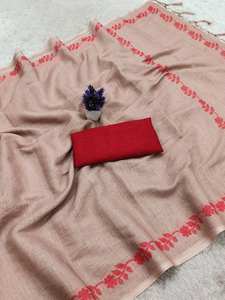 Sari de Algodón Color Durazno de Primera Calidad, Tradicional con Bordado Floral Rojo, Ligero, Antiarrugas, Protección Solar, para Fiestas, para Mujer - Product Image 6