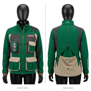 Chaqueta Softshell de Pesca para Mujer, Poliéster GSM, Spandex, Impermeable, Transpirable, Diseño de Paneles Verde Gris, Múltiples Bolsillos, Bordado Personalizado - Product Image 1