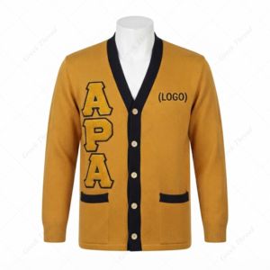 Cardigan d'hiver pour homme Alpha Phi Fraternity, lettres brodées en chenille couleur or vieilli, 100% acrylique, col en V, manches longues, OEM/ODM - Product Image 1