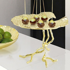 Luxurious Gold Lotus Leaf Cake Stand <b>Crafted</b> With A Textured Top And Unique Organic Branch Base For Stunning Dessert Displays - Product Image 5