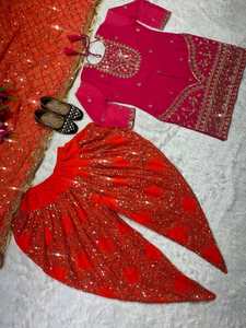 <b>PARTY</b> WEAR GEORGETTE EMBROIDERY SEQUENCE WORK <b>TOP</b> DHOTI WITH DUPATTA PINK WITH ORANGE 67178-1 - Product Image 2