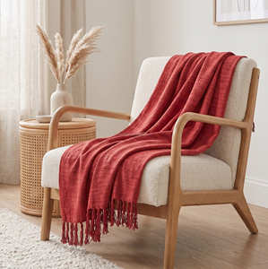 Rust Slub Cotton Woven <b>Throw</b> with Fringe Detail and Handloom Character for Warm Rustic Sofa Styling and Home Décor - Product Image 3