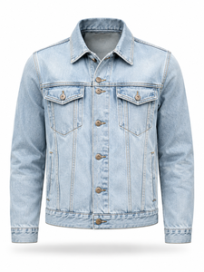 Chaqueta de Mezclilla Azul Claro para Hombre con Logotipo Personalizado, Cierre de Botones, Corte Regular, Estilo Casual, 100% Algodón Tejido, Otoño - Product Image 1