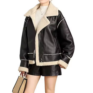 Veste de moto pour femme avec fermeture éclair, doublure en fausse fourrure, col montant, coupe-vent, légère, manteau d'hiver - Cuir véritable Moto - Product Image 2