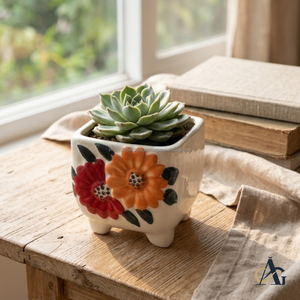 Pot de fleurs en céramique moderne à motif floral carré, fait main, brillant, écologique, durable, avec trou de drainage, pour l'intérieur, la maison et le jardin - Product Image 6