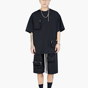 T-shirt décontracté pour homme en coton noir, style streetwear, avec poches zippées, col rond, coupe ample, manches courtes, couleur unie, respirant, idéal pour l'été - Product Image 1
