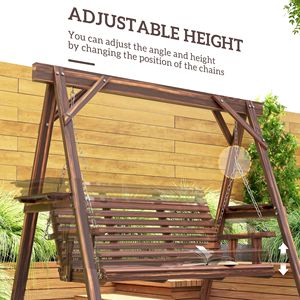 Dondolo a 3 posti in legno carbonizzato marrone con supporto per giardino, bordo piscina o cortile, con tavolini laterali - Product Image 6