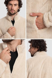 Chaqueta de forro polar premium de 300 GSM, diseño de paneles blancos y negros, logotipo bordado en chenilla personalizado, ropa exterior cálida con cremallera. - Product Image 3