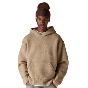 Sweat à capuche en tricot bouclé beige, coupe décontractée, doux et confortable, vêtement d'extérieur d'hiver avec poche kangourou et capuche à cordon de serrage pour hommes et femmes - Product Image 6
