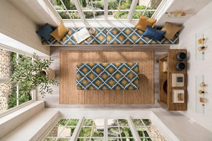 Banco de Madera Tejido a Mano con Lana y Yute, Tapizado Geométrico Azul Mostaza, Estilo Boho Rústico para Entrada, Dormitorio o como Banco Decorativo - Product Image 6