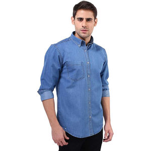 Chemise en jean satiné décontractée tendance pour homme, bleu délavé, avec col montant et boutons en corne, idéale pour le printemps, confortable et à prix raisonnable - Product Image 2