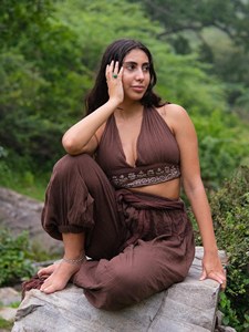Earthy <b>Khaki</b> Green Hand Block Printed Premium Breathable Cotton Fabric Lightweight Comfortable Halter Neck Ruched Crop <b>Top</b> - Product Image 3