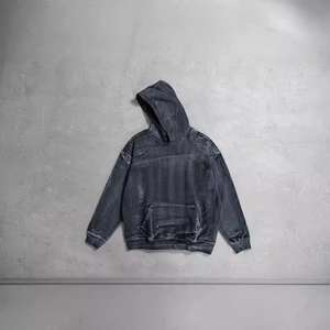 Survêtement en jean personnalisé pour homme, délavage acide, épaules tombantes, ourlet côtelé, coupe et couture, streetwear, motif uni, polaire respirant - Product Image 3