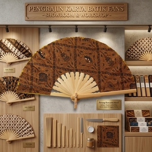 Éventail pliant artisanal indonésien classique en tissu Sogan Batik, avec nervures en bambou naturel, cadeau culturel traditionnel, accessoire artisanal - Product Image 6