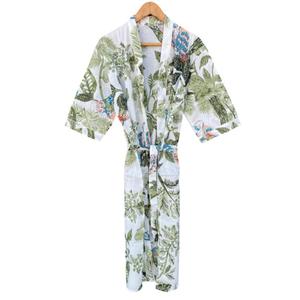 Tropical Print Cotton Kimono Robe – Botanical Leaf Print <b>Long</b> <b>Kaftan</b> with Waist Tie - Product Image 1