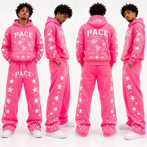 Conjunto de 2 piezas para hombre, estilo vintage, azul petrol, con estampado gráfico de estrellas, sudadera con capucha y pantalones de chándal anchos de forro polar grueso. - Product Image 4