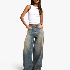 Pantalones Vaqueros de Moda para Mujer, de Alta Calidad, OEM, Nuevos Modelos, Pantalones Vaqueros Holgados de Cintura Alta para Mujer, Pantalones Vaqueros Extra Grandes - Product Image 1