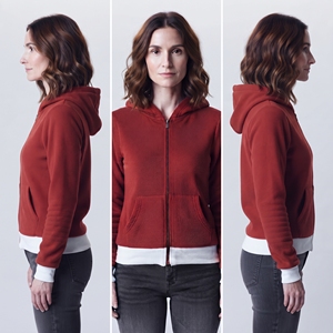 Sudadera con capucha y cremallera para mujer, de forro polar, color rojo liso, con bolsillos canguro, puños en contraste, manga larga, para invierno - Product Image 3