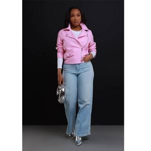 <b>Pink</b> PU Moto <b>Jacket</b> Women's Slim Fit Zipper Closure Turn-Down Collar Regular Sleeve Autumn Solid Color Motorcycle Coat - Product Image 6