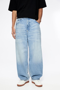 Jean en denim gris et noir personnalisé pour homme, coupe droite ample et large, en coton - Product Image 4