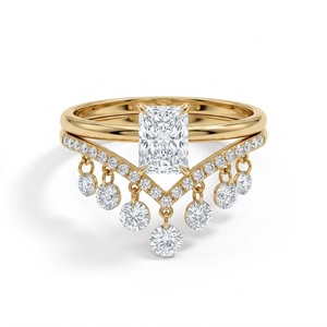 Custom Jewelry 14K Solid <b>Gold</b> Radiant-Cut Lab Grown Diamond Engagement <b>Ring</b> <b>Set</b> with Dangle Droplet Chevron Fringe Stacking <b>Ring</b> - Product Image 5