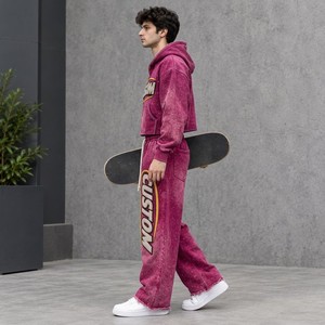 Premium Men's 480GSM Cotton Blend Tracksuit Acid Wash Rhinestone Chenille <b>Hoodie</b> Wide Leg Sweatpants Wholesale Apparel - Product Image 5