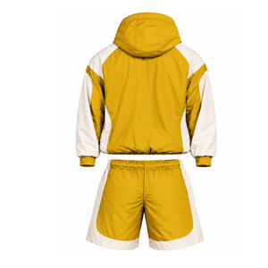 Mens Golden Yellow Neutral Colorblock Nylon <b>Hoodie</b> Shorts Set Lightweight Quarter Zip <b>Running</b> Training Athletic Sportswear - Product Image 2