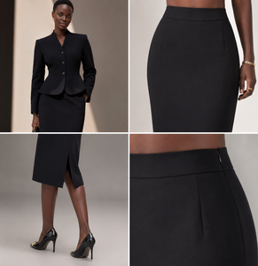 Conjunto Personalizado para Mujer, Falda Cruzada Negra Sólida hasta la Rodilla, Cintura Regular, Botones, Formal, Oficina, Otoño, Moda, Spandex - Product Image 5
