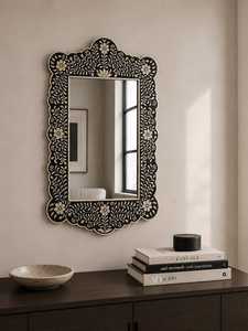 Article très demandé : Cadre de miroir rond en os incrusté, motif écaille de poisson noir, pour décoration murale décorative - Product Image 4