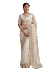 Sari indien traditionnel blanc en tulle pour femme, brodé de perles et de diamants, idéal pour les fêtes d'hiver et d'été - Product Image 2