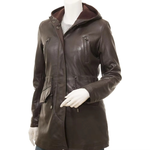Mantic Enterprises Women's Brown Genuine Leather Breathable <b>Animal</b> Print Hooded Jacket Zipper Closure Detachable Sleeves Pockets - Product Image 1
