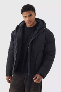 Blouson d'hiver mat noir minimaliste pour homme, matelassé, isolé, coupe-vent, chaud, avec patchwork de fourrure, pour l'extérieur par temps froid, en laine - Product Image 5