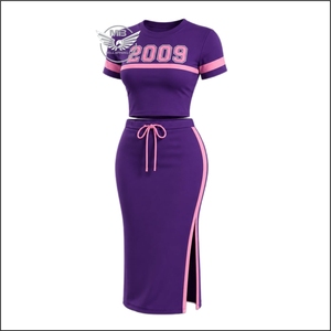 Conjunto de Dos Piezas para Mujer Theta Phi Sigma, Vestido Midi Ajustado en Color Rosa Púrpura con Contraste, Manga Corta, Cuello Redondo, Cordón Ajustable - Product Image 1