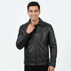 High Quality Custom Made Black Genuine <b>Sheepskin</b> Leather <b>Jacket</b> For Men Fashionable Winter Outdoor Long Sleeve <b>jacket</b> for men - Product Image 1