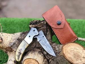 Cuchillo Plegable de Acero de Damasco Hecho a Mano con Mango de Cuerno de Ciervo, Cuchillo de Bolsillo Personalizado OEM para Camping, Funda de Cuero, Regalo para Compañero, Pasha - Product Image 4