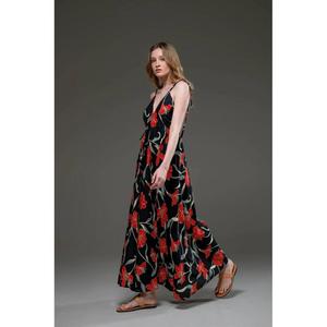 ชุดเดรสแม็กซี่พิมพ์ลายดอกไม้สีดำสำหรับผู้หญิง แขนกุด สายสปาเก็ตตี้ คอวี ทรงหลวม สไตล์ลำลอง ชุดเดรสยาวสำหรับฤดูร้อนและชายหาด - Product Image 3