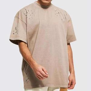 Camiseta Desgastada con Agujeros, Estilo Urbano, Cuello Redondo, Manga Corta, Ecológica, Transpirable, Hombros Caídos, 100% Algodón - Product Image 1