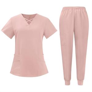 Ensemble de blouses médicales pour femmes, col en V, bordeaux, polyester tricoté, pantalon de jogging, uniforme d'hôpital, vêtements de travail extensibles pour infirmières - Product Image 5