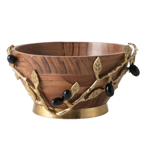 Bol de service rond en bois avec base en métal doré en forme de branche, bol décoratif pour salade et fruits, idéal pour hôtels, restaurants et décoration intérieure - Product Image 1