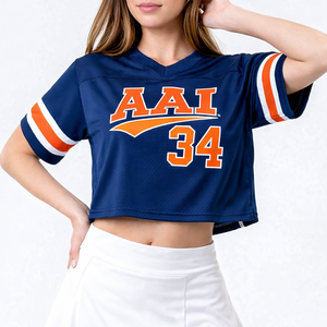 เสื้อเจอร์ซีย์สไตล์อเมริกันฟุตบอลสีกรมท่าสุดฮิตสำหรับผู้หญิง แขนสั้น ผ้าตาข่าย แบบครอป  รับผลิตเสื้อทีมกีฬาตามสั่งจำนวนมาก ผู้ผลิตชุดกีฬาฟุตบอล - Product Image 1