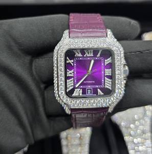 Reloj de Lujo para Mujer, Estilo Elegante, Totalmente Cubierto de Diamantes y Correa de Cuero de Cocodrilo Morado, Alta Calidad, Automático, con Moissanita Real - Product Image 5
