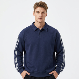 Men's Navy Blue Quarter <b>Zip</b> Sweatshirt Regular Fit Solid Casual Stand Collar Cotton Fleece Anti-Pilling Jacket Autumn Wear - Product Image 4