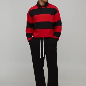 Polo de Punto Personalizado para Hombre, Talla Grande, Estilo Rugby, Diseño con Bloques de Color, Manga Larga, Rayas, Corte Regular, Rojo y Negro - Product Image 4