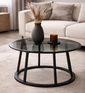 Table basse ronde moderne et durable avec plateau en métal noir et structure en métal par Metal Drake pour la décoration intérieure, salon contemporain - Product Image 2