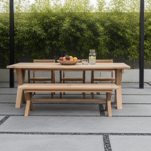 Mesa de Comedor de Teca para Exteriores Nami Moderna, Impermeable, de Forma Rectangular con Patas Cruzadas, para Jardín, Playa, Hoteles y Villas - Product Image 1