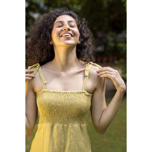 Vestido Midi Boho de Algodón y Lino Color Oliva para Mujer, Top Fruncido sin Mangas, Corte en A, Vestido Casual de Verano - Product Image 4