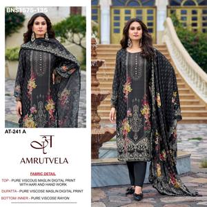 Traje de Muselina de Viscosa de Alta Calidad con Bordado Aari Hecho a Mano, Sólido, Semi-Cosido, Salwar-Dupatta de Manga Larga Azul, Exportaciones Needle - Product Image 5