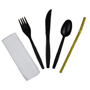 Paquete de Cubiertos Desechables Biodegradables Ecológicos de Plástico Negro, Envueltos Individualmente (Cuchillo/Tenedor/Cuchara/Servilleta) - Product Image 1
