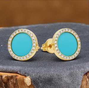 Boucles d'oreilles pendantes en turquoise naturelle, argent sterling 925, plaqué or 14 carats, rondes, délicates, luxueuses, bijoux de tous les jours, cadeau - Product Image 5